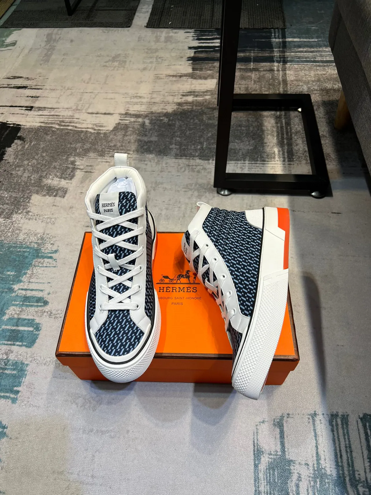 Hermès Oran High Top Navy and White Lifestyle Sneakers 4