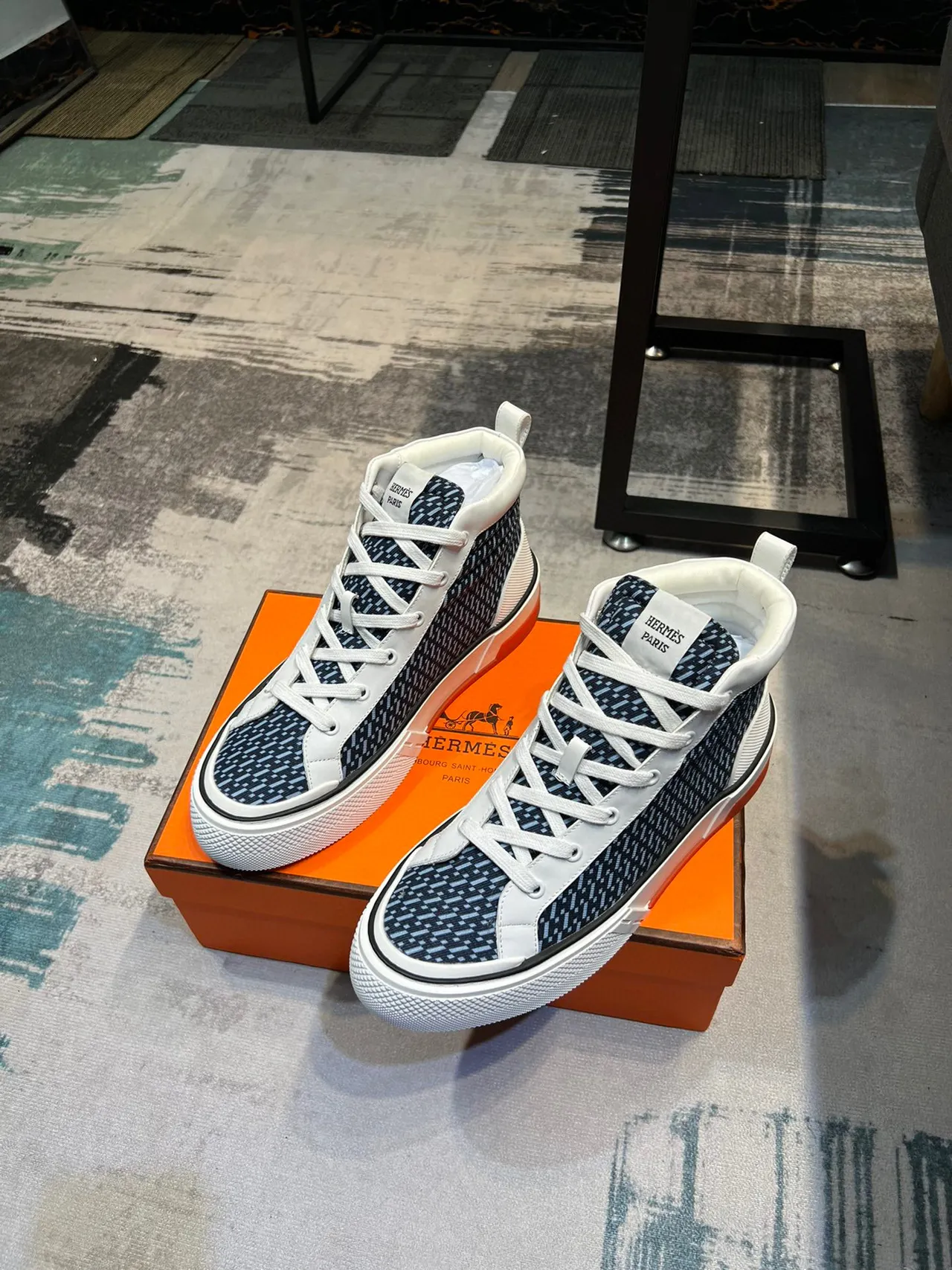 Hermès Oran High Top Navy and White Lifestyle Sneakers 5