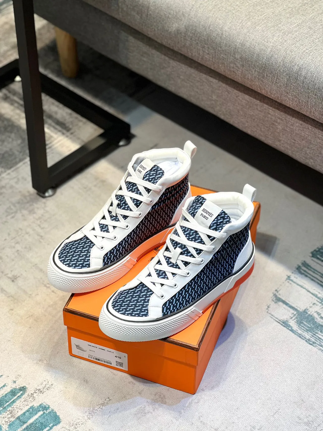 Hermès Oran High Top Navy and White Lifestyle Sneakers 6