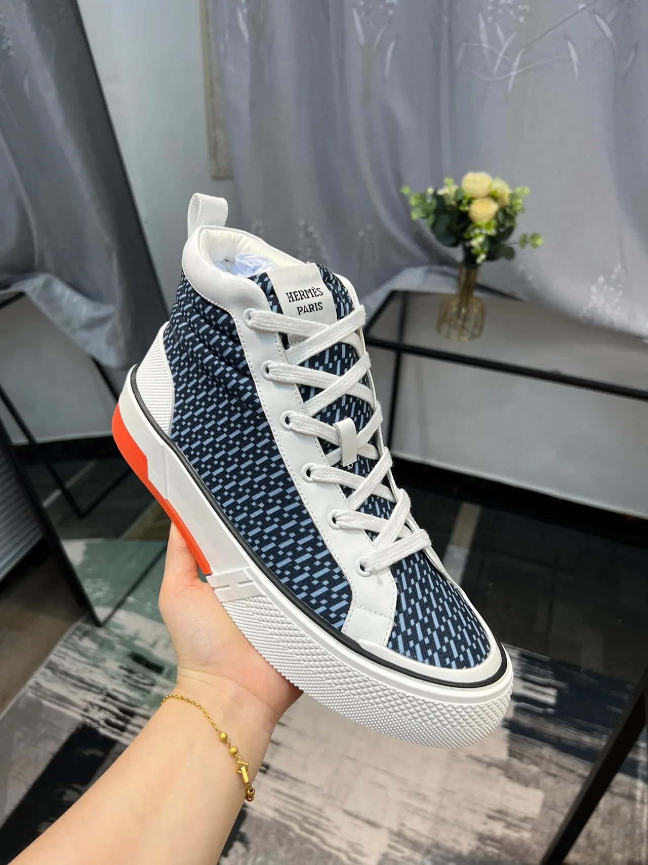 Hermès Oran High Top Navy and White Lifestyle Sneakers 7
