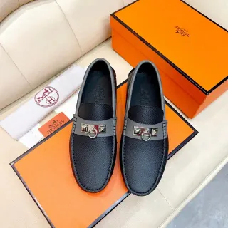 Hermès Oran 黑色灰色皮革乐福鞋