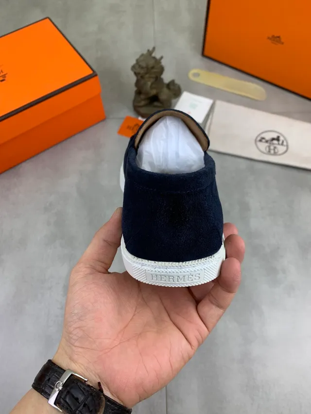 Hermès Oran নেভি হোয়াইট সুয়েড মেটাল এইচ-বাকেল হার্ডওয়্যার লোফার 3