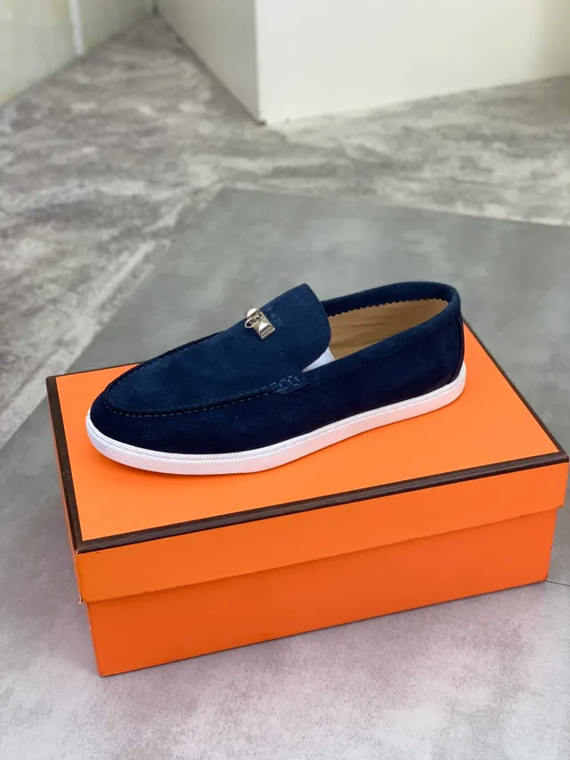 Hermès Oran নেভি হোয়াইট সুয়েড মেটাল এইচ-বাকেল হার্ডওয়্যার লোফার 4