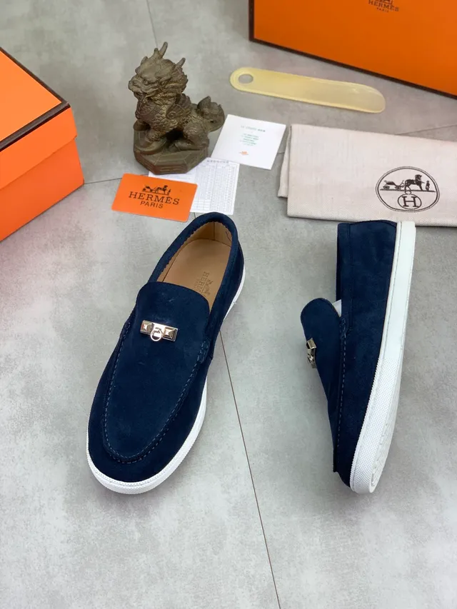 Hermès Oran নেভি হোয়াইট সুয়েড মেটাল এইচ-বাকেল হার্ডওয়্যার লোফার 5