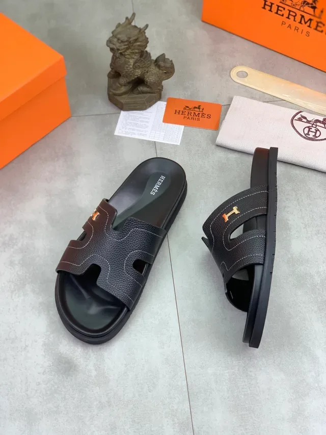 Hermès Oran Slide Sandales Cuir Verni Noir 5