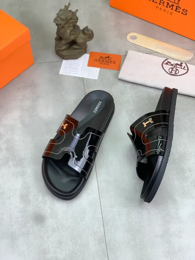 Hermès Oran Slide Sandales Cuir Verni Noir 14