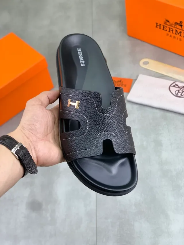 Hermès Oran Slide Sandales Cuir Verni Noir 16