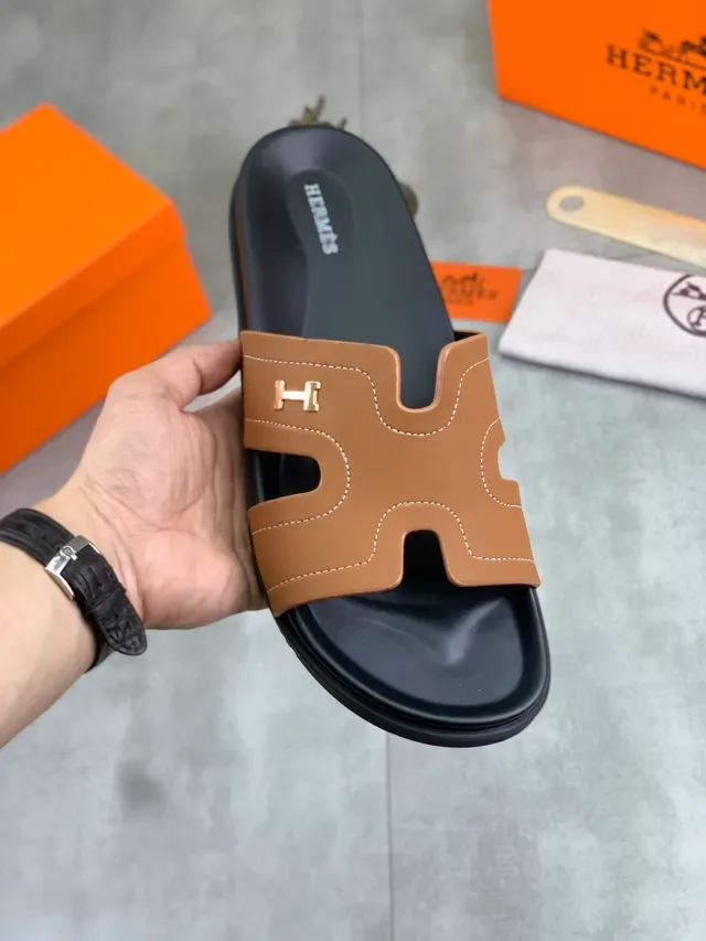 Hermès Oran Slide Sandales Cuir Verni Noir 20