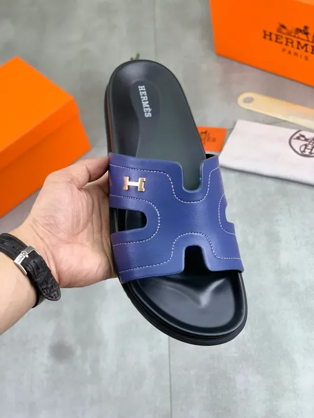 Hermès Oran Slide Sandales Cuir Verni Noir 22