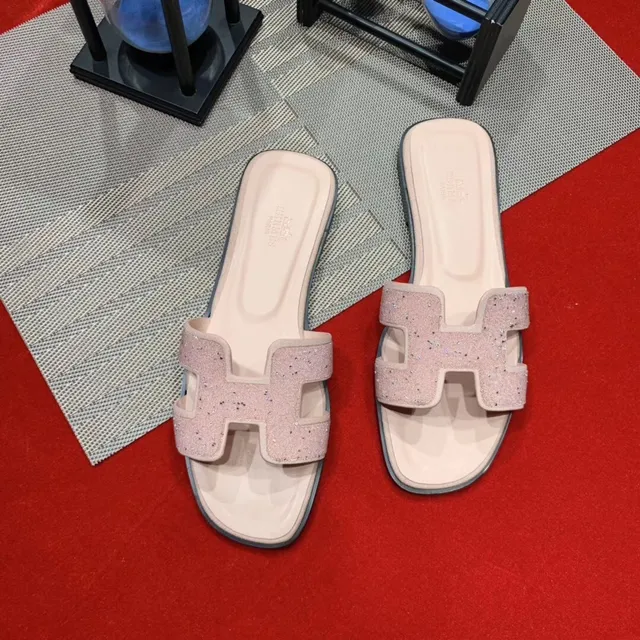 Hermès Oran Sandales à glissière pailletées rose plat 2