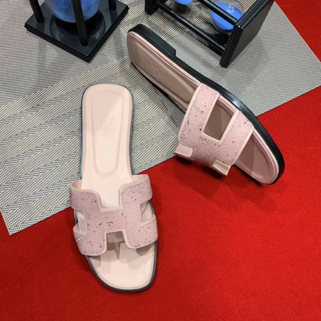 Hermès Oran Sandales à glissière pailletées rose plat 3
