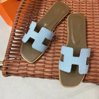 Hermès Oran Slide Chinelos Azul Claro de Jeans com Cinto
