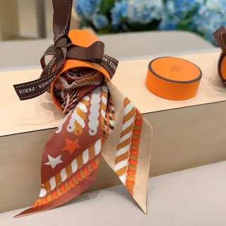 Hermès Écharpe de Soie Étroite Imprimée Orange Brun