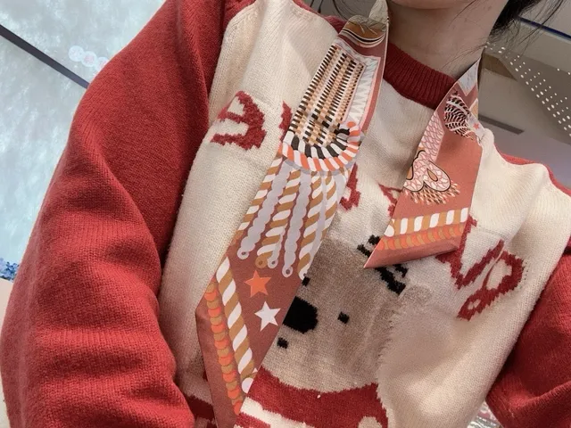 Hermès Écharpe de Soie Étroite Imprimée Orange Brun 2