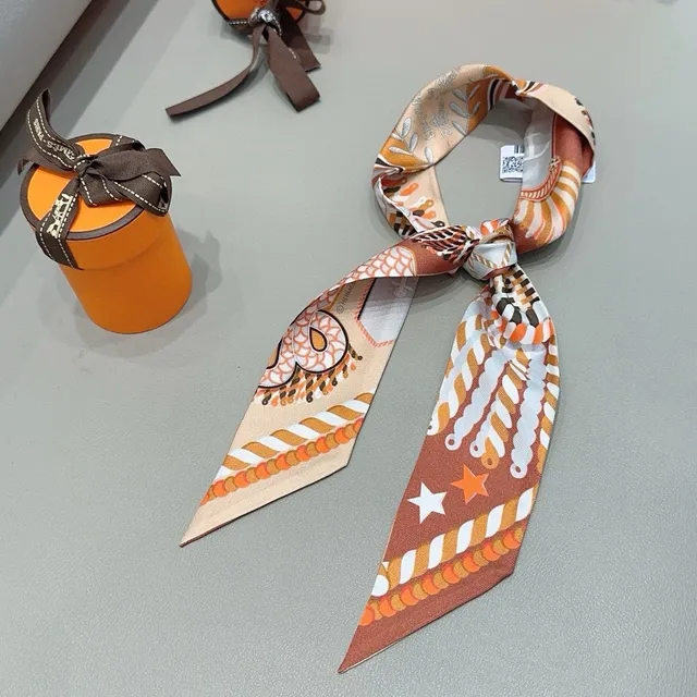 Hermès Écharpe de Soie Étroite Imprimée Orange Brun 8