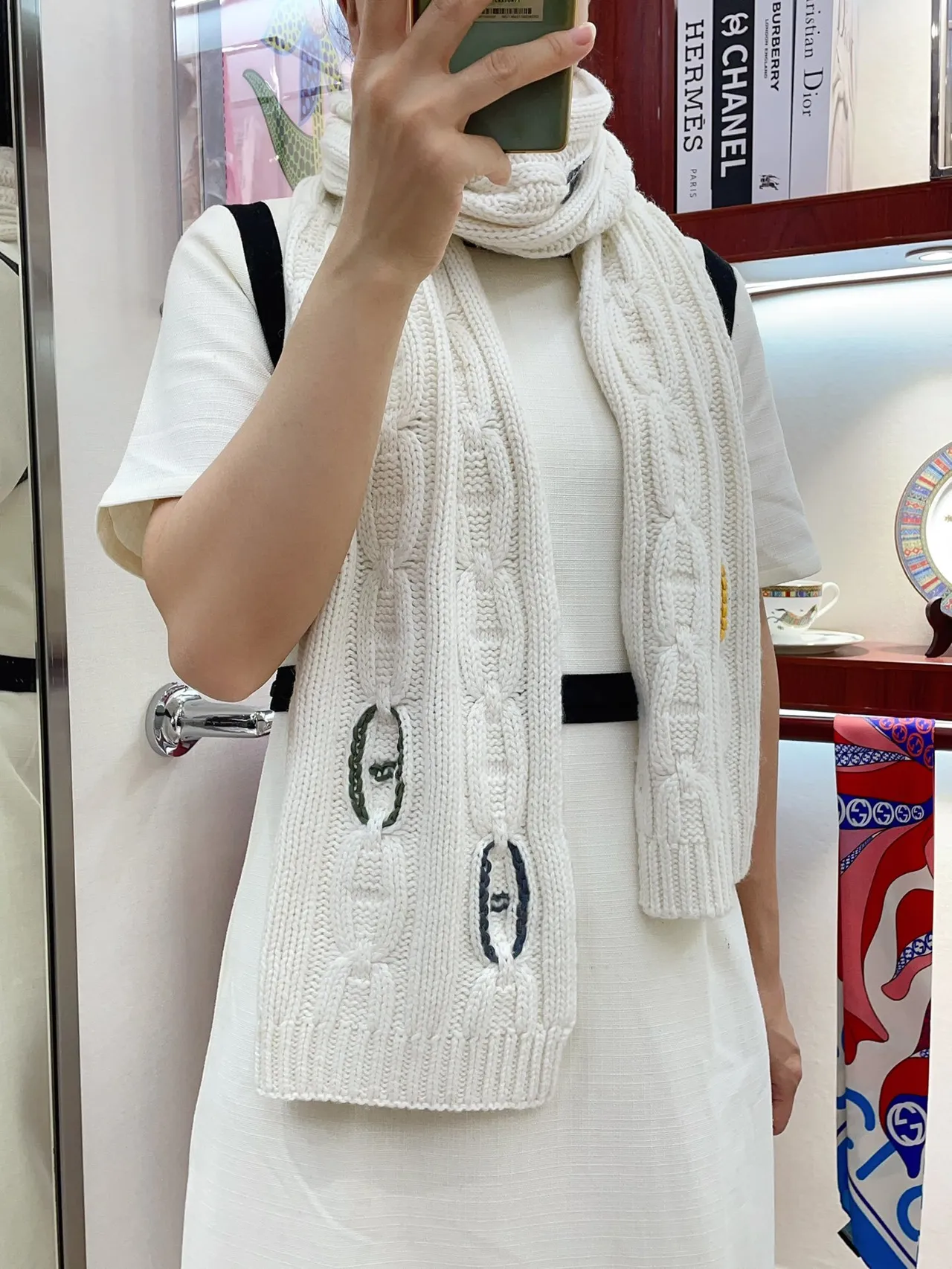 Hermès Blanco Dorado Cable-Knit Bordado H-Link Motivos Bufanda de Cachemira 2
