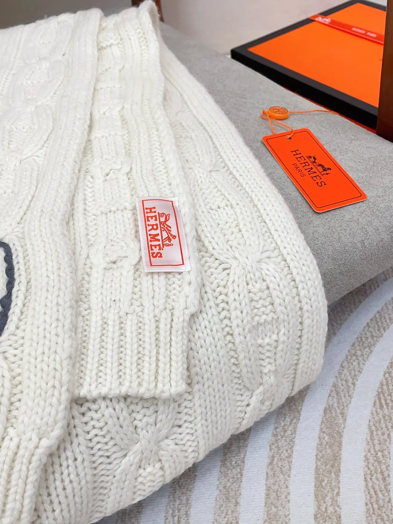 Hermès Blanco Dorado Cable-Knit Bordado H-Link Motivos Bufanda de Cachemira 8