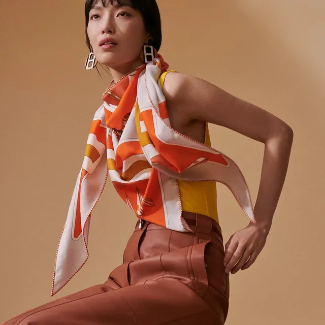 Hermès White Orange Geometric Print Double-Faced Silk Scarf 3