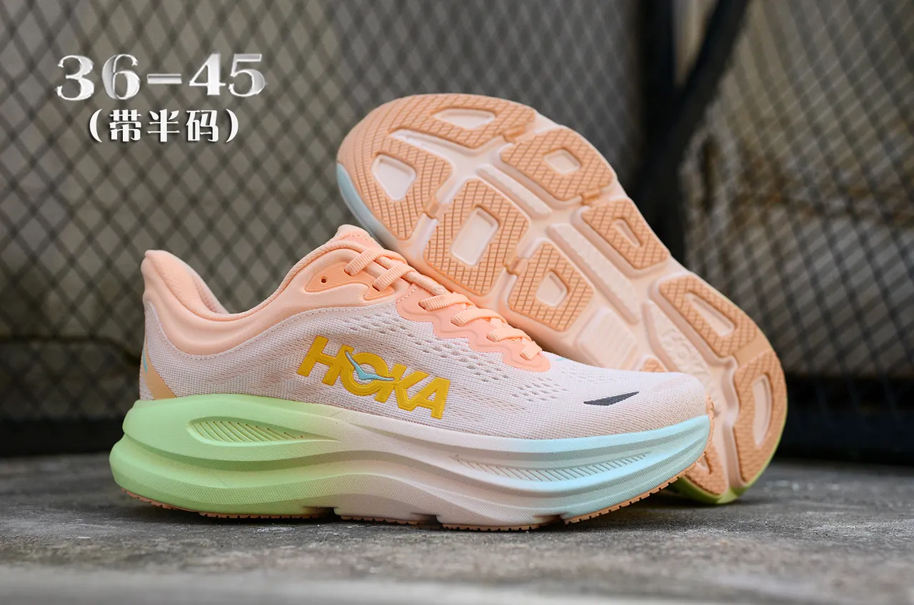 Hoka Beige Pink Engineered Knit Upper Gradient Midsole Running Shoes 6