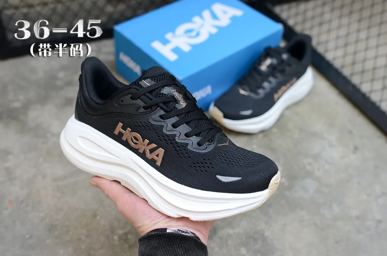 Hoka Black Gold Engineered Mesh Upper Thick White Midsole Running Shoes 3