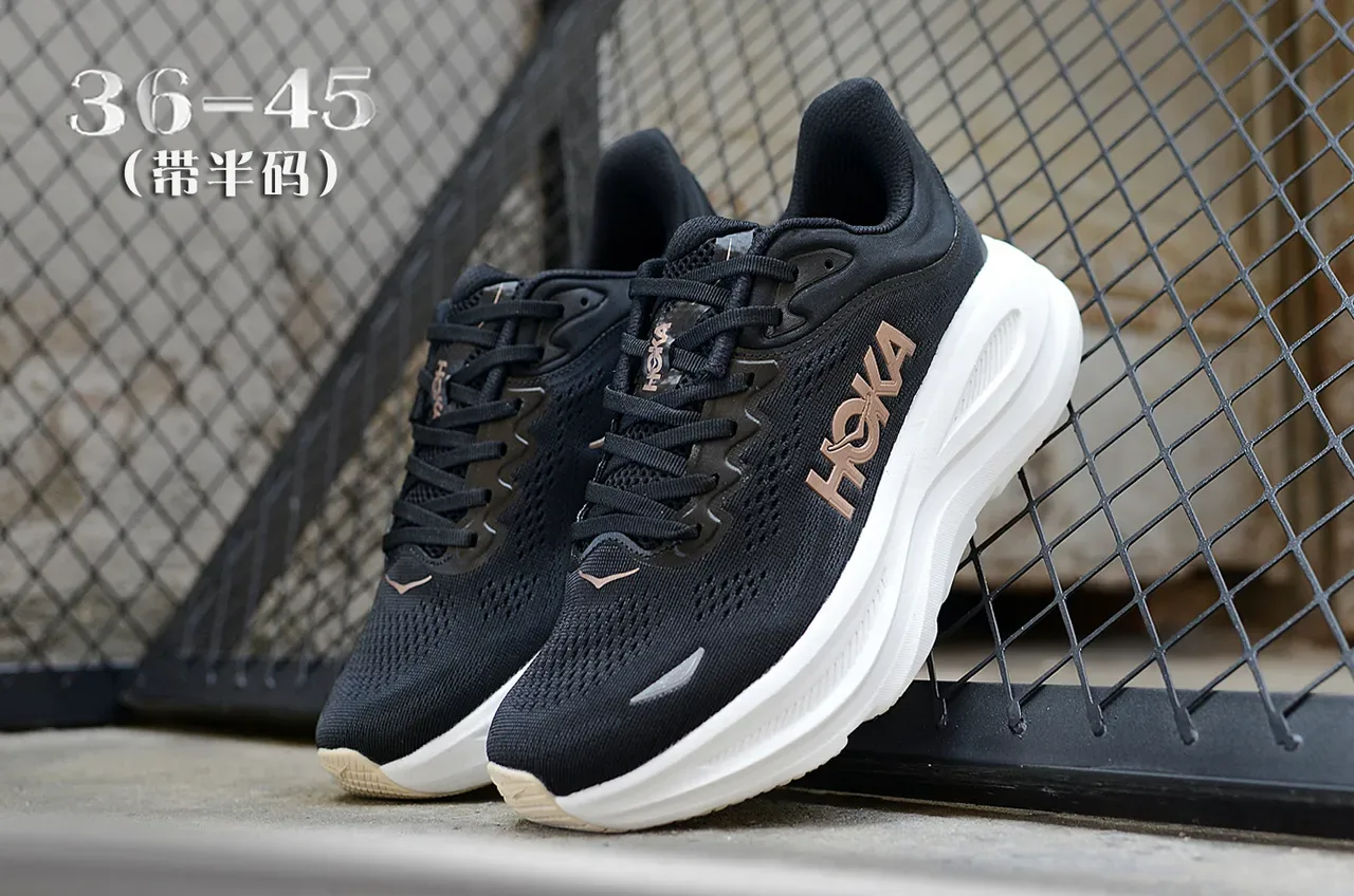 Hoka Black Gold Engineered Mesh Upper Thick White Midsole Running Shoes 5