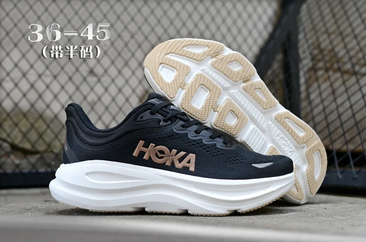 Hoka Black Gold Engineered Mesh Upper Thick White Midsole Running Shoes 6