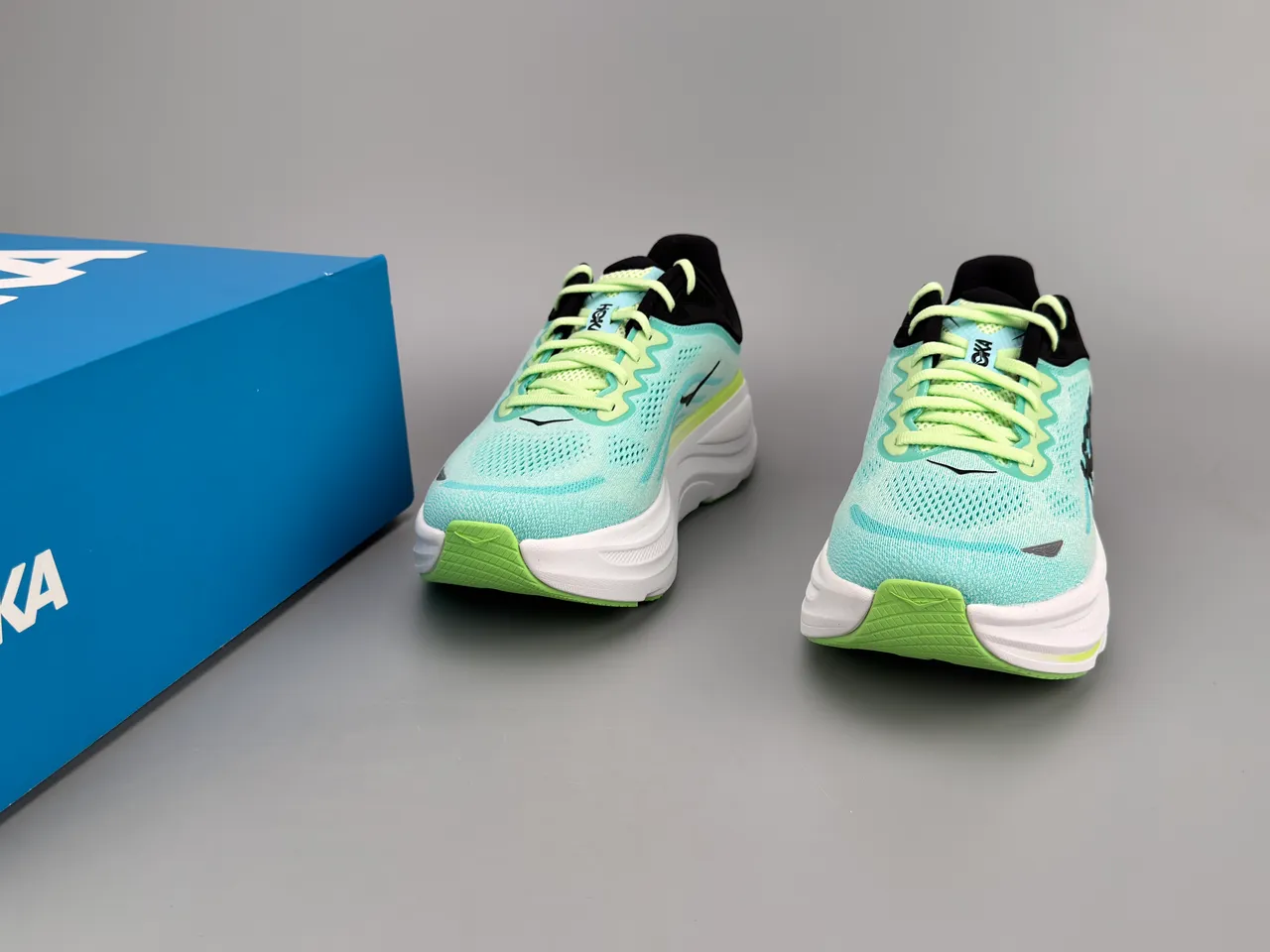 Hoka Blue Green Engineered Knit Upper Thick White Midsole Running Shoes 3