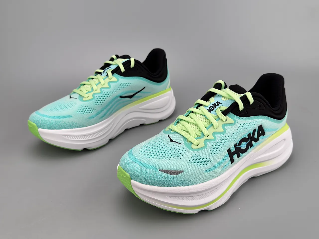 Hoka Blue Green Engineered Knit Upper Thick White Midsole Running Shoes 6