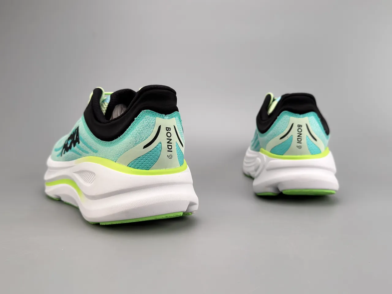 Hoka Blue Green Engineered Knit Upper Thick White Midsole Running Shoes 7