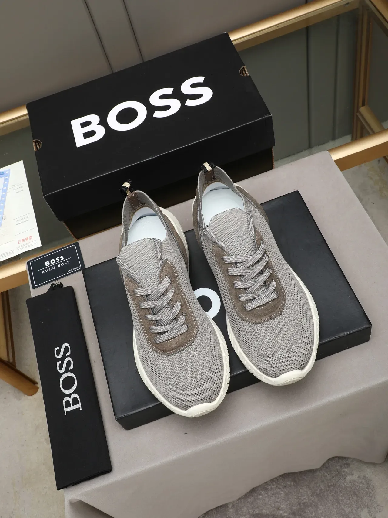 Hugo Boss Gray Brown Knit Mesh Upper Suede Panel Accents Sneakers 3