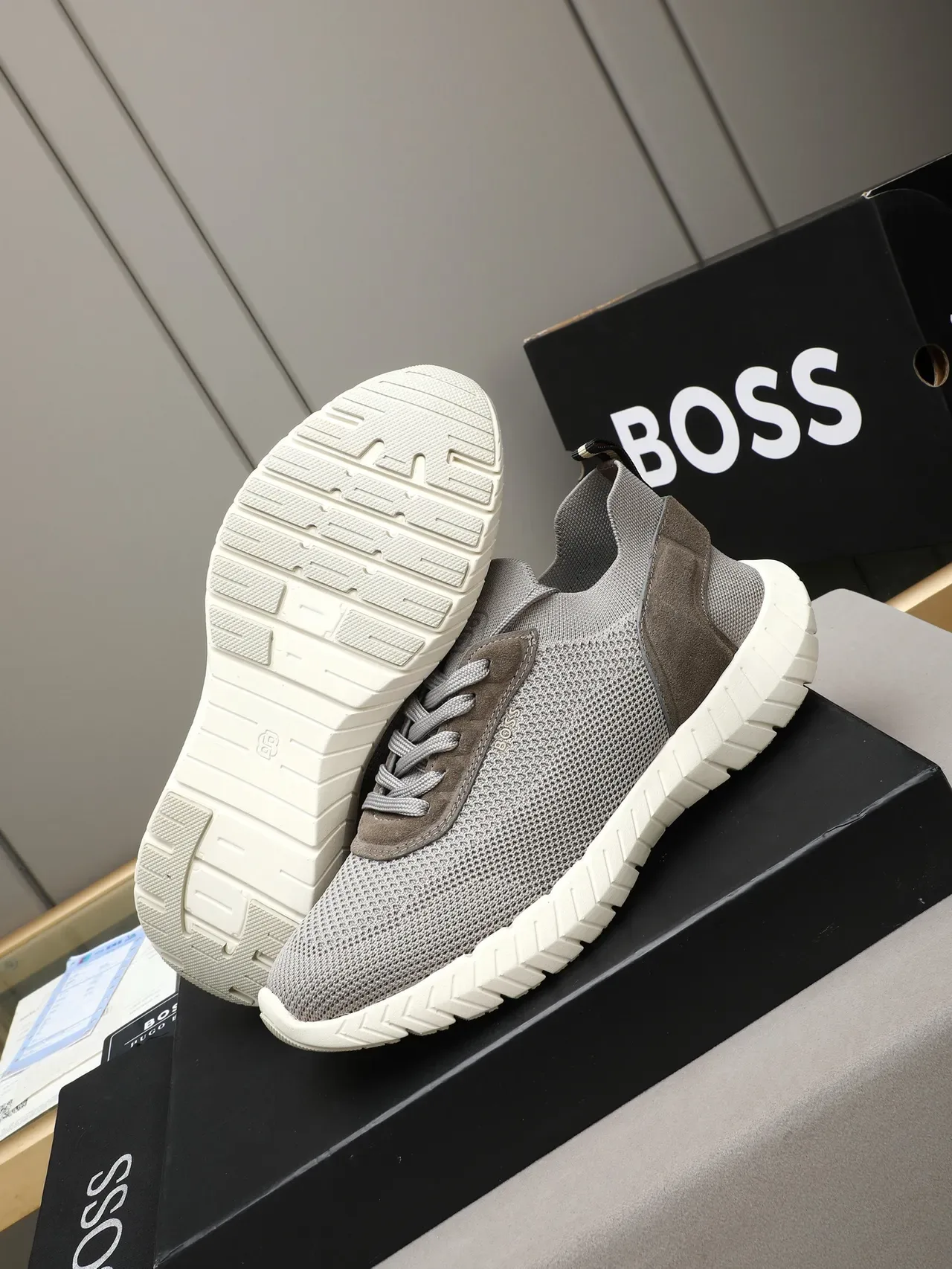 Hugo Boss Gray Brown Knit Mesh Upper Suede Panel Accents Sneakers 5