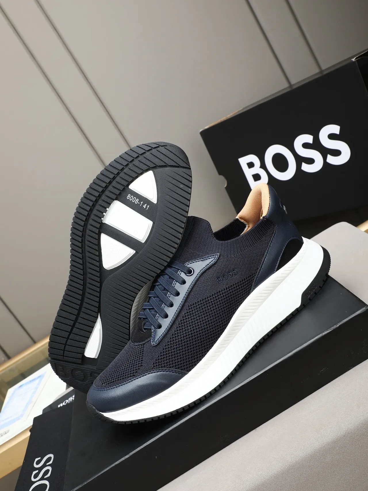 Hugo Boss حذاء رياضي نمط حياة لون أزرق بحري أبيض، وجه علوي من الخيط والصناعي، كولار نوع الجورب 4