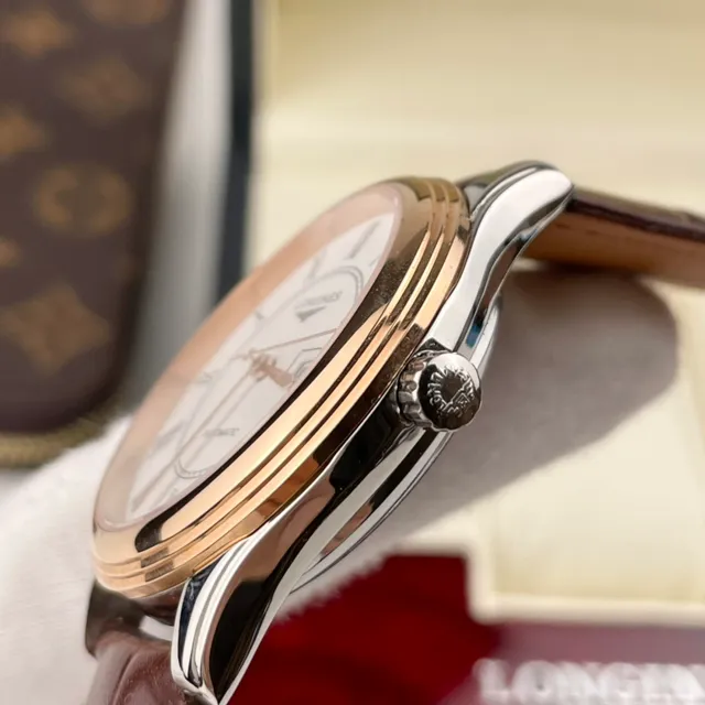 Longines Caja Redonda Marrón Dorado Marcadores de Hora en Numerales Romanos Reloj Mecánico 5
