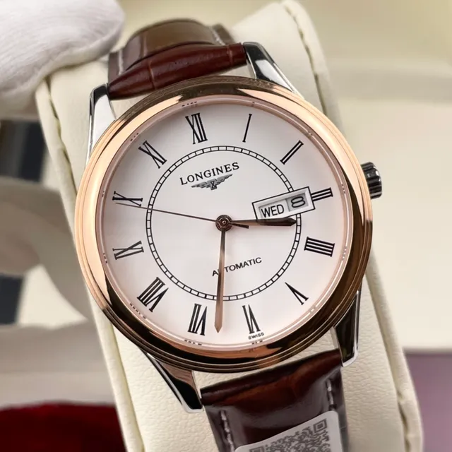 Longines Caja Redonda Marrón Dorado Marcadores de Hora en Numerales Romanos Reloj Mecánico 8