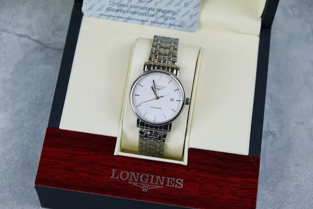 Longines Prateado Branco Esfera Minimalista Marcadores de Hora Baton Relógio Mecânico 4