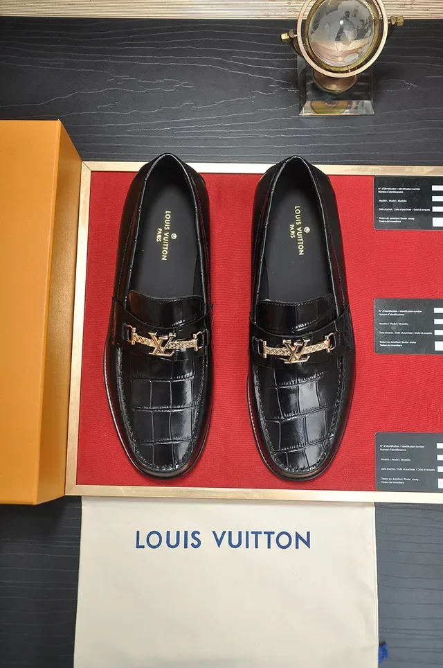 Louis Vuitton Black Gold Croc-Embossed Leather LV Buckle Loafer 5