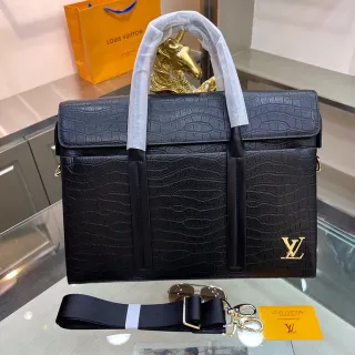 Louis Vuitton 黑色金色鳄鱼压花皮革翻盖闭合托特包