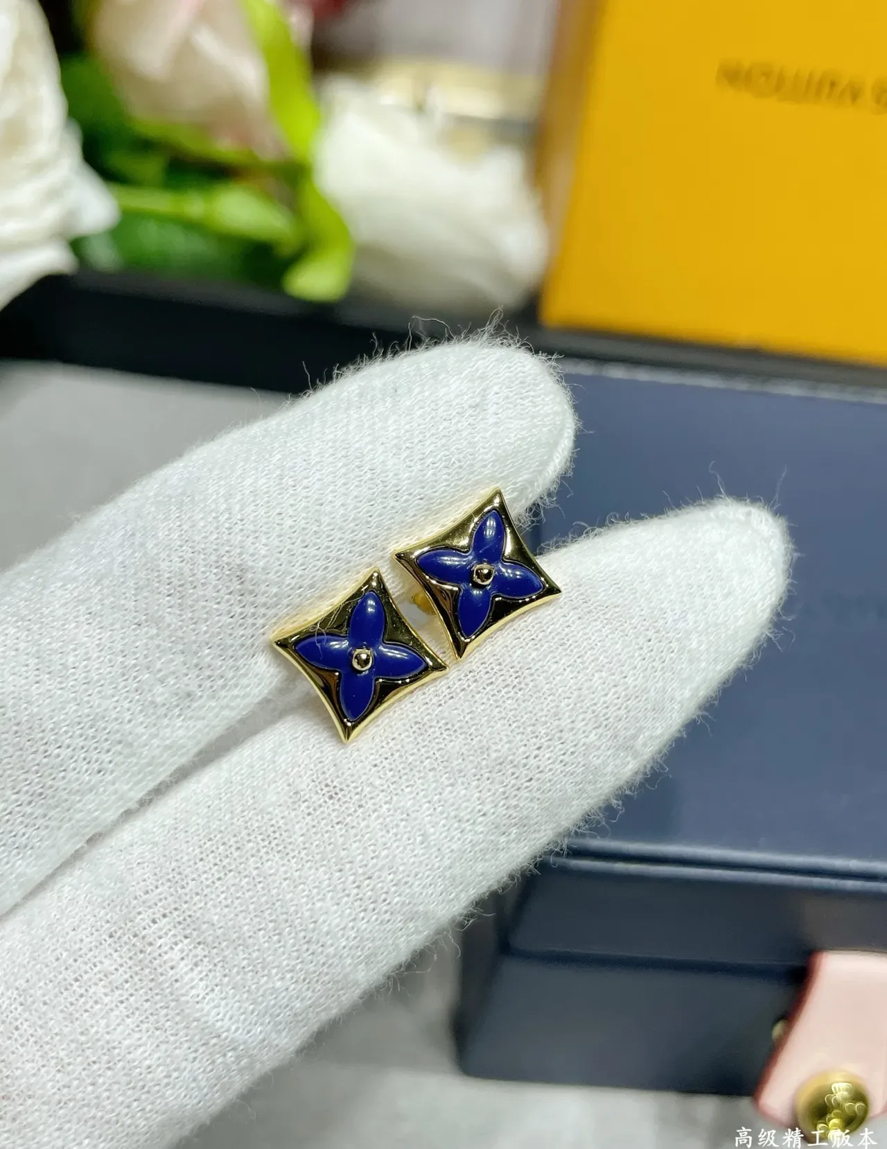 Louis Vuitton Blue Gold Square-Frame Enamel Flower Earrings 4