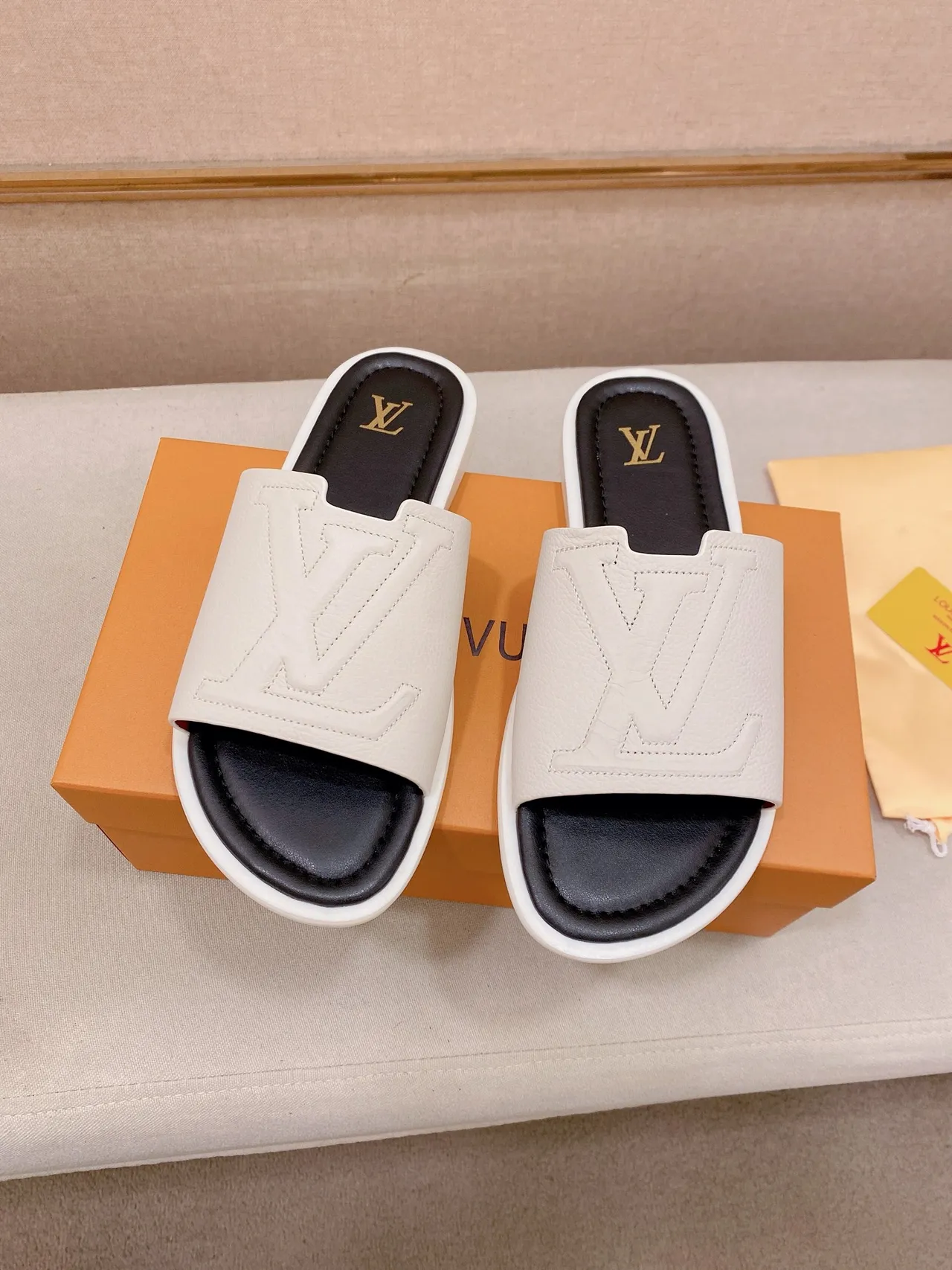 Louis Vuitton Brown Beige Embossed Monogram Strap Flat Slide Construction Slippers 5