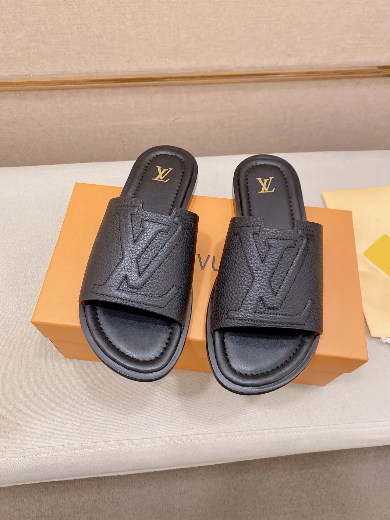 Louis Vuitton Brown Beige Embossed Monogram Strap Flat Slide Construction Slippers 8