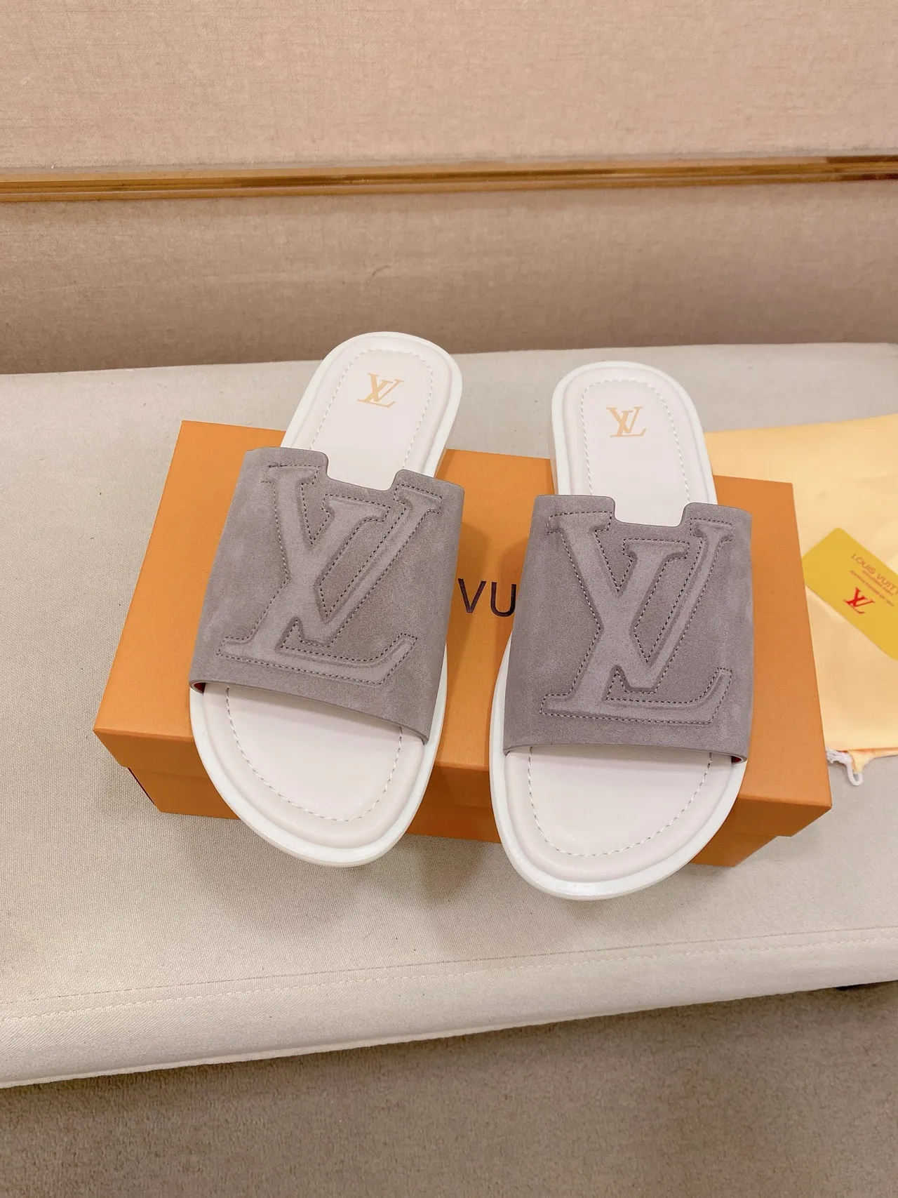 Louis Vuitton Brown Beige Embossed Monogram Strap Flat Slide Construction Slippers 10