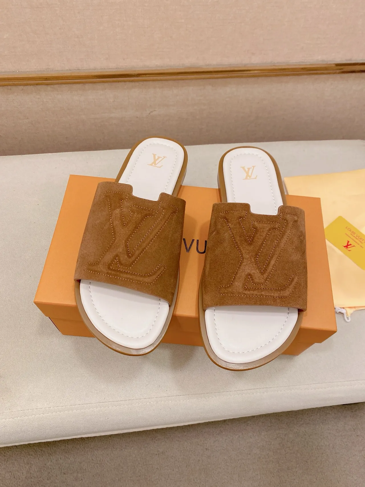 Louis Vuitton Brown Beige Embossed Monogram Strap Flat Slide Construction Slippers 11