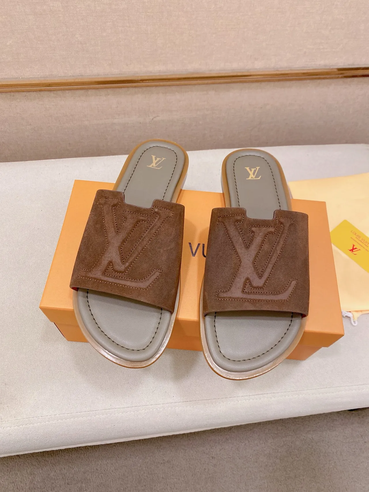 Louis Vuitton Brown Beige Embossed Monogram Strap Flat Slide Construction Slippers 12