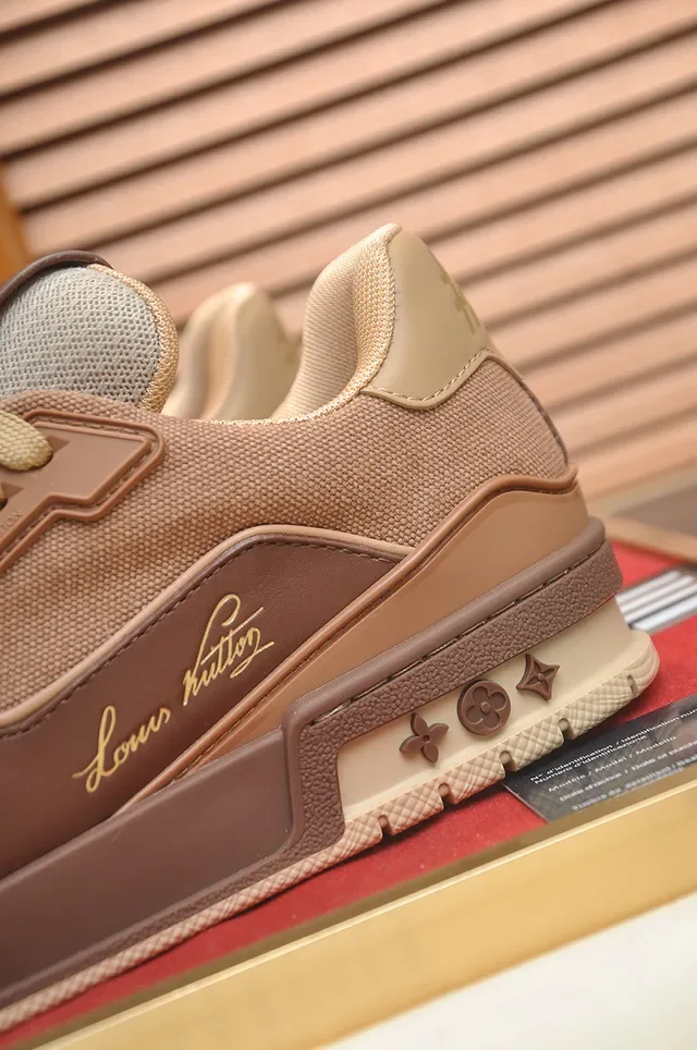 Louis Vuitton Brown Beige Layered Mixed-Material Upper Gold-Tone Branding Lifestyle Sneakers 2