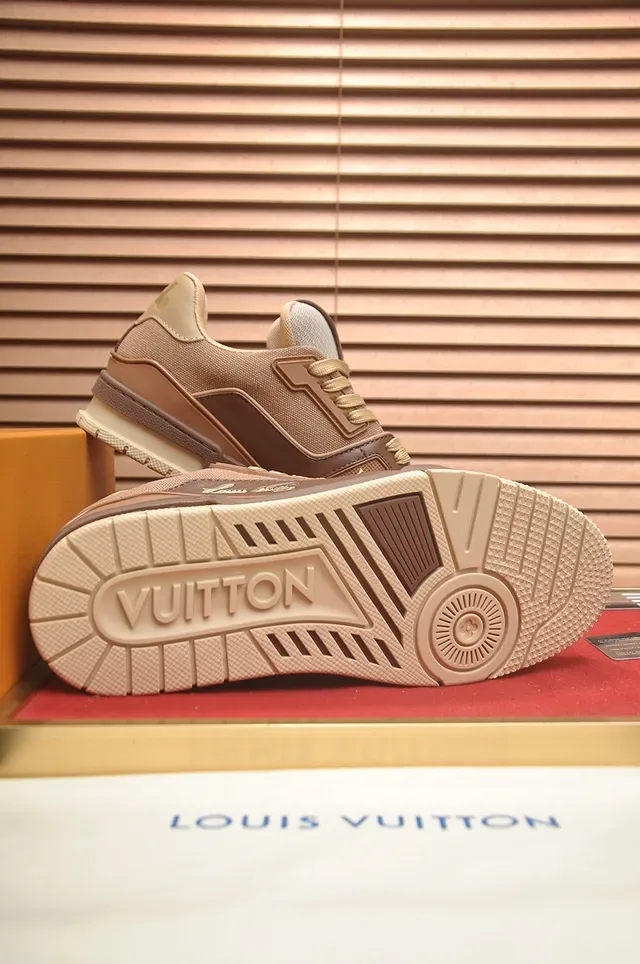 Louis Vuitton Brown Beige Layered Mixed-Material Upper Gold-Tone Branding Lifestyle Sneakers 3