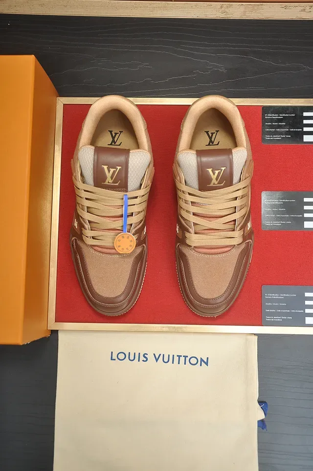 Louis Vuitton Brown Beige Layered Mixed-Material Upper Gold-Tone Branding Lifestyle Sneakers 5