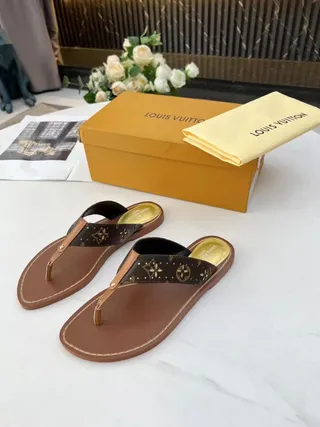 Louis Vuitton Brown Beige Monogram Canvas Strap Leather Sole Slippers 4