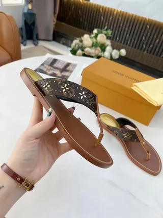 Louis Vuitton Brown Beige Monogram Canvas Strap Leather Sole Slippers 5