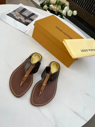Louis Vuitton Brown Beige Monogram Canvas Strap Leather Sole Slippers 6