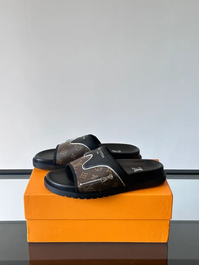 Louis Vuitton Brown Black Monogram Canvas Zipper Accent Slippers 4